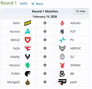 Матчи 1-ого раунда PGL Cluj–Napoca 2026 (liquipedia)