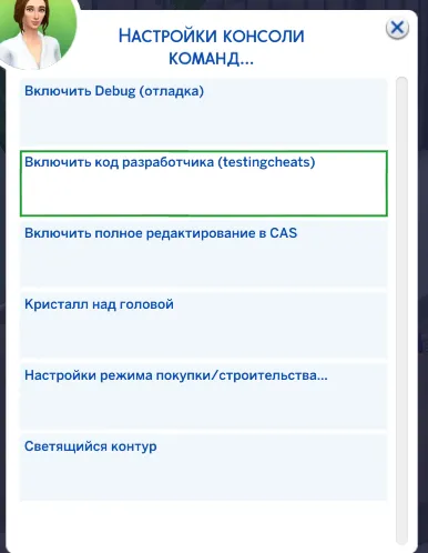 Включить код разработчика (testingcheats)