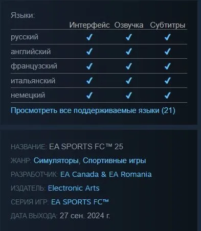 Страница FC25 в Steam