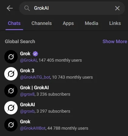 Поиск GrokAI в Telegram