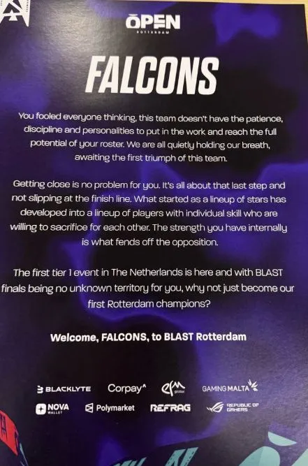 Письмо от организаторов BLAST Open Spring 2026 для Falcons