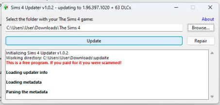 Меню Sims 4 Updater