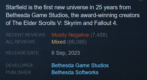 Рейтинг Starfield в Steam