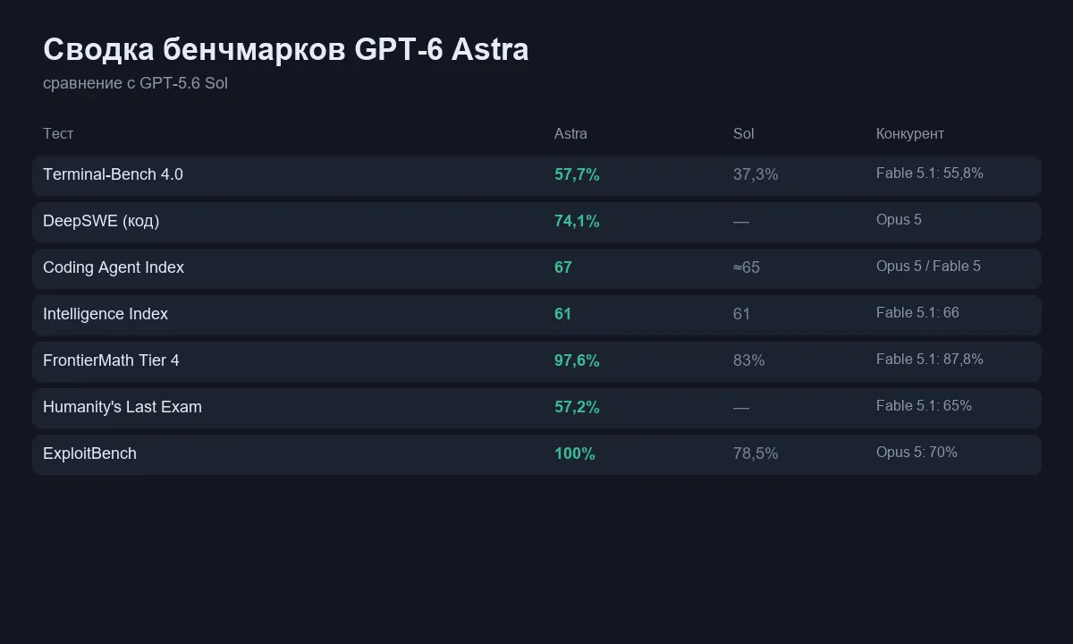 Сводка бенчмарков GPT-6 Astra и GPT-5.6 Sol
