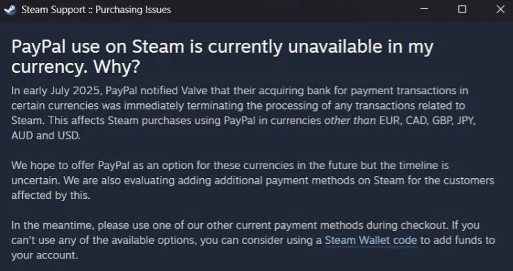 Комментарий Valve о PayPal
