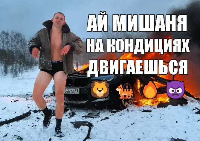 Мем «Ай, лев! Ай, тигр! В кондиции вошёл и на кондициях двигаешься»