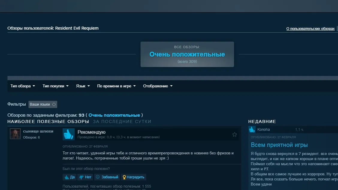 На основе первых 100 комментариев в Steam на русском языке, Resident Evil Requiem получила общую оценку «Очень положительно»