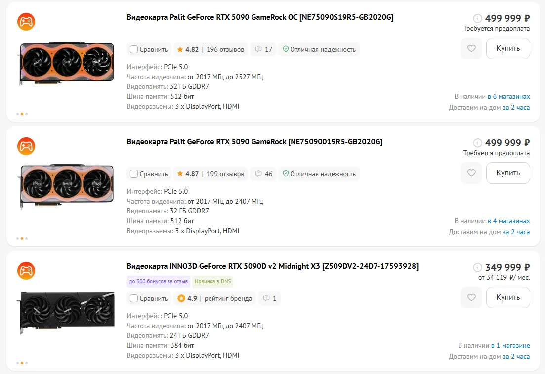 Цены на GeForce RTX 5090