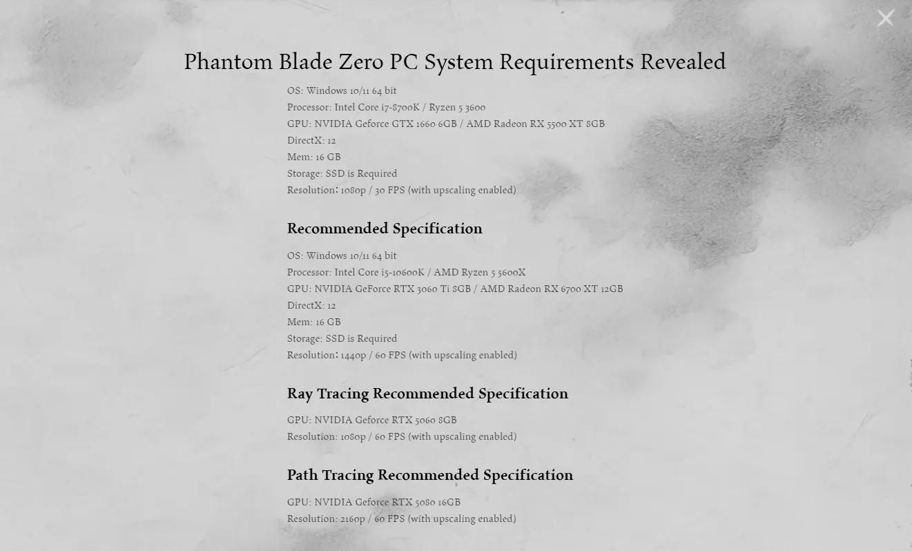 Официальные требования Phantom Blade Zero