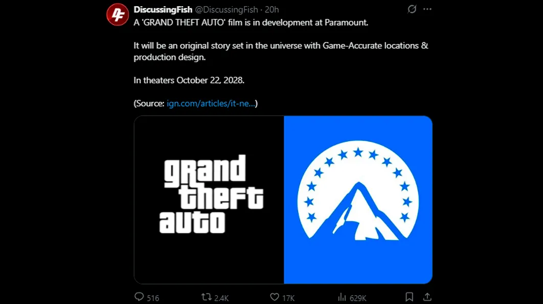 Пост о том, что Paramount якобы снимет фильм по GTA (от пародийного аккаунта)