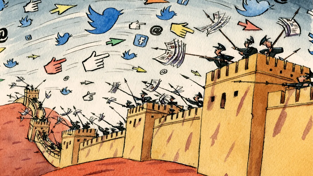 Карикатура на «Большой китайский файрвол», блокирующий иностранные интернет-сервисы