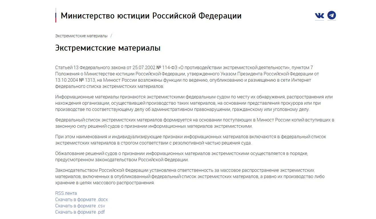 Полный список экстремистских материалов представлен на сайте Министерства юстиции РФ, на текущий момент он включает в себя 5473 позиции