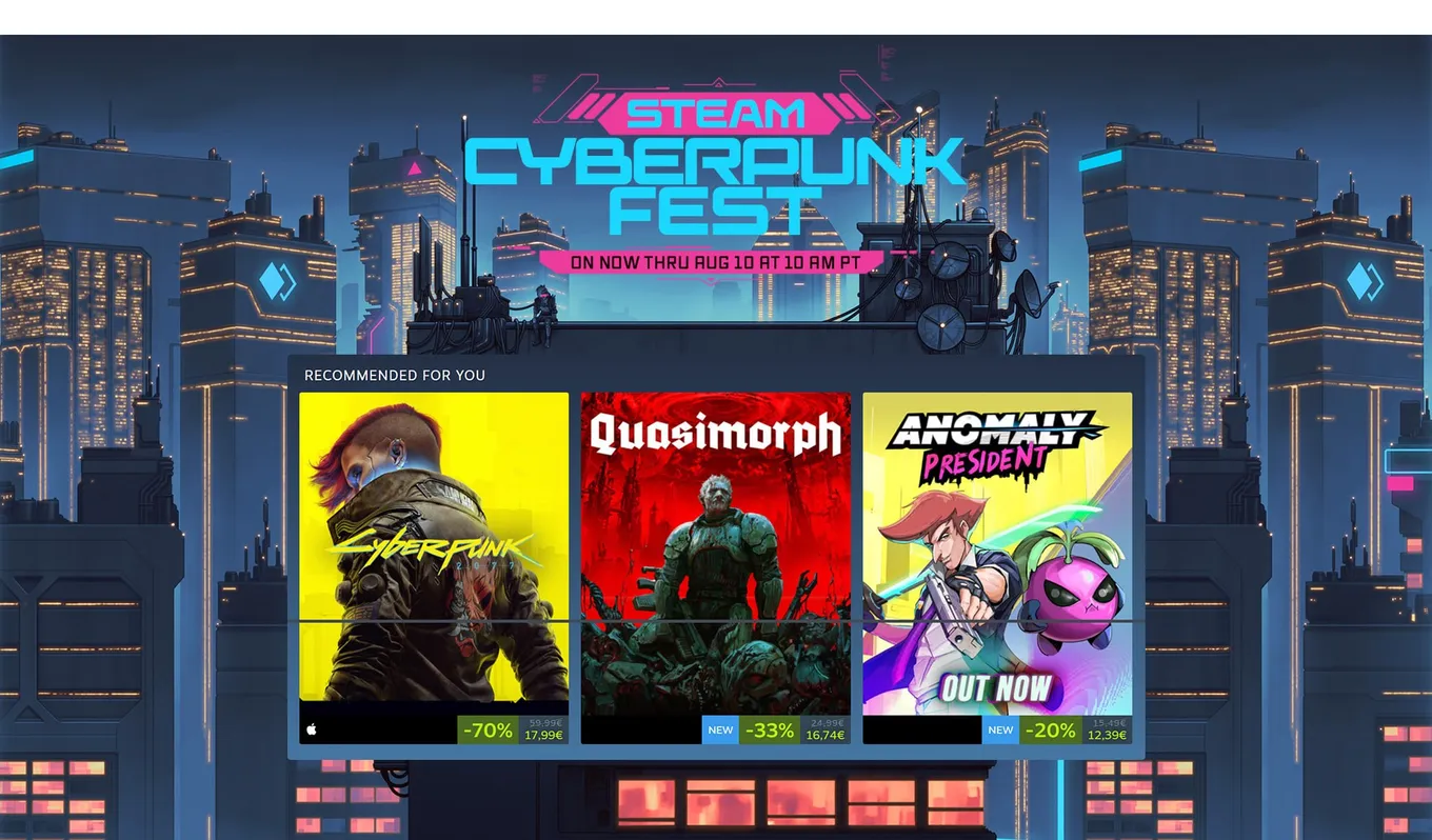В Steam стартовал Фестиваль Киберпанка: скидки получили Cyberpunk 2077, RoboCop: Rogue City, Transistor, Cloudpunk и десятки других игр. Акция продлится до 10 августа 20:00 МСК