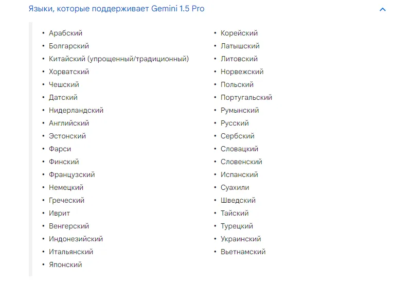 Список поддерживаемых языков в Gemini 1,5 Pro