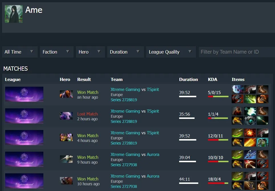 Матчи с участием Ame на The International 2025 (dotabuff)