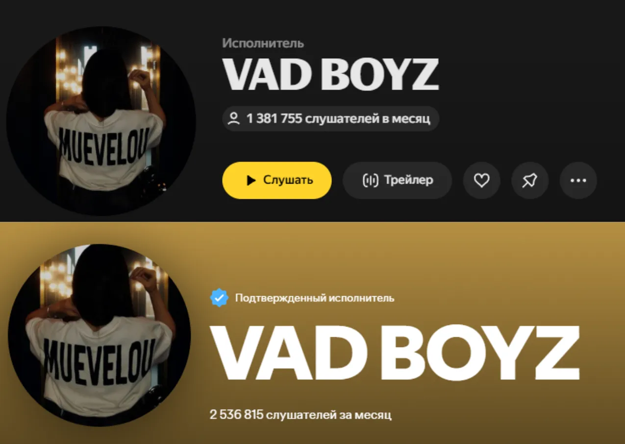 После выпуска MUEVELOU исполнитель VAD BOYZ в «Яндекс Музыке» и Spotify имеет 1,38 млн и 2,54 млн слушателей в месяц соответственно