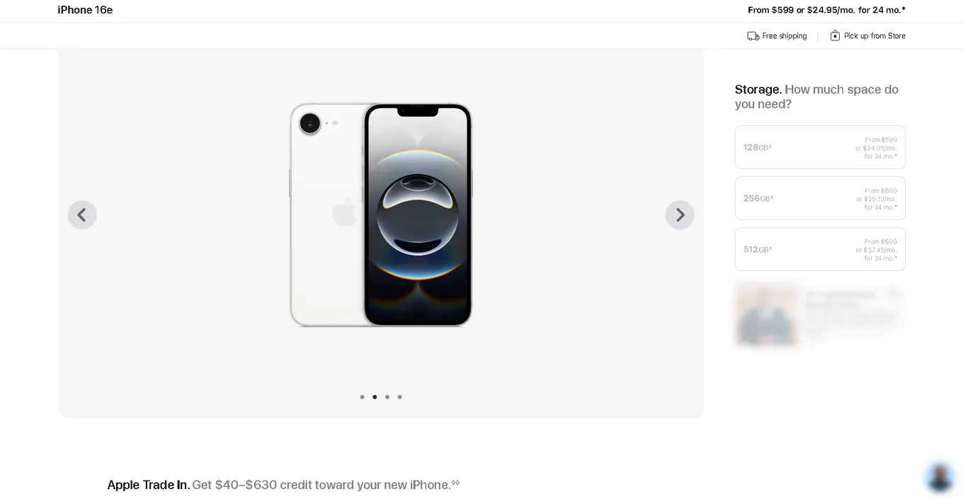 Официальная стоимость нового iPhone 16e, заявленная Apple, от 599 до 899 долларов (в зависимости от объёма памяти)