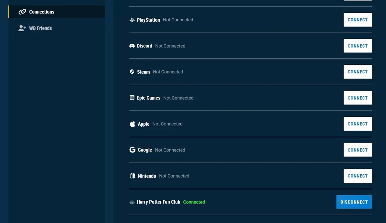 Нажмите Connect напротив графы Harry Potter Fan Club