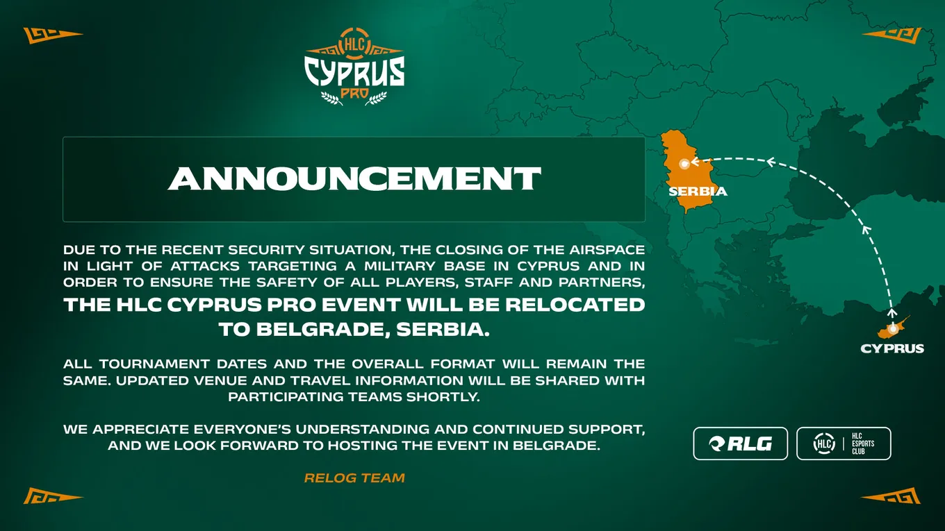 Турнирный оператор Relog Media объявил об изменении места проведения чемпионата HLC Cyprus Pro 2026 по Counter–Strike 2