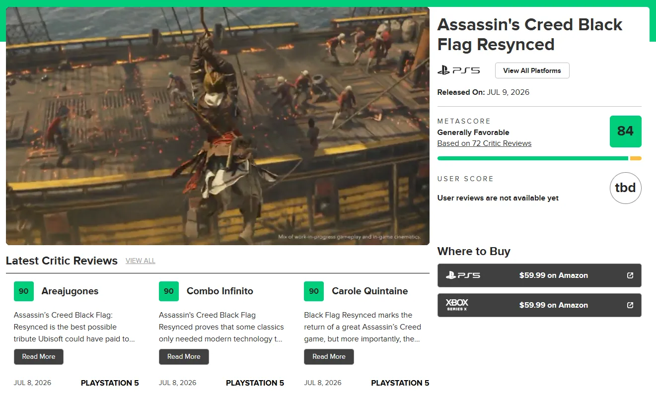 84 балла – это уровень Assassin's Creed III, но на четыре единицы ниже оригинального Black Flag