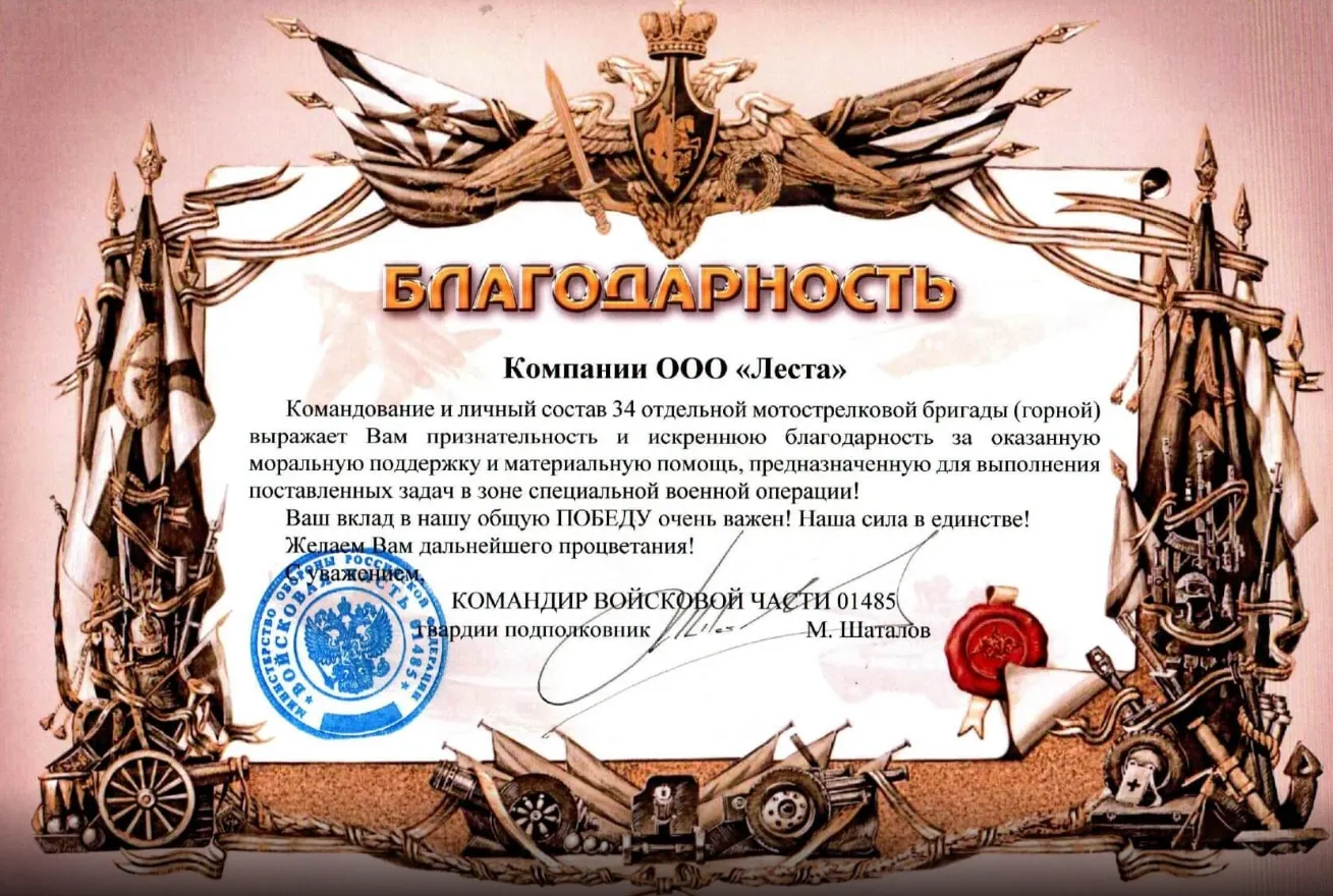 Благодарственное письмо от российских военных компании «Леста Игры»