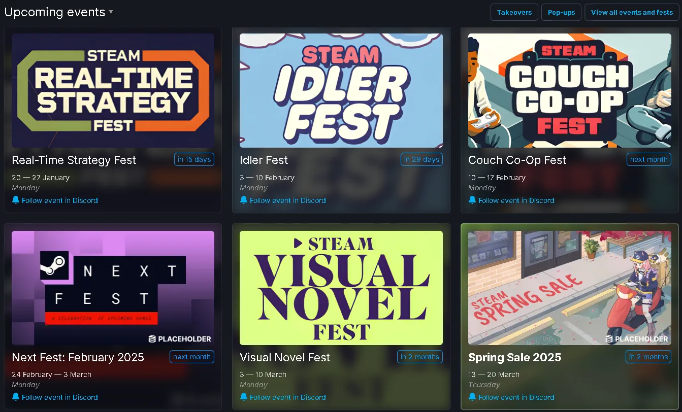 Основные и более масштабные ивенты в Steam – фестиваль «Играм быть» и сезонные распродажи, более узкая направленность у тематических фестивалей