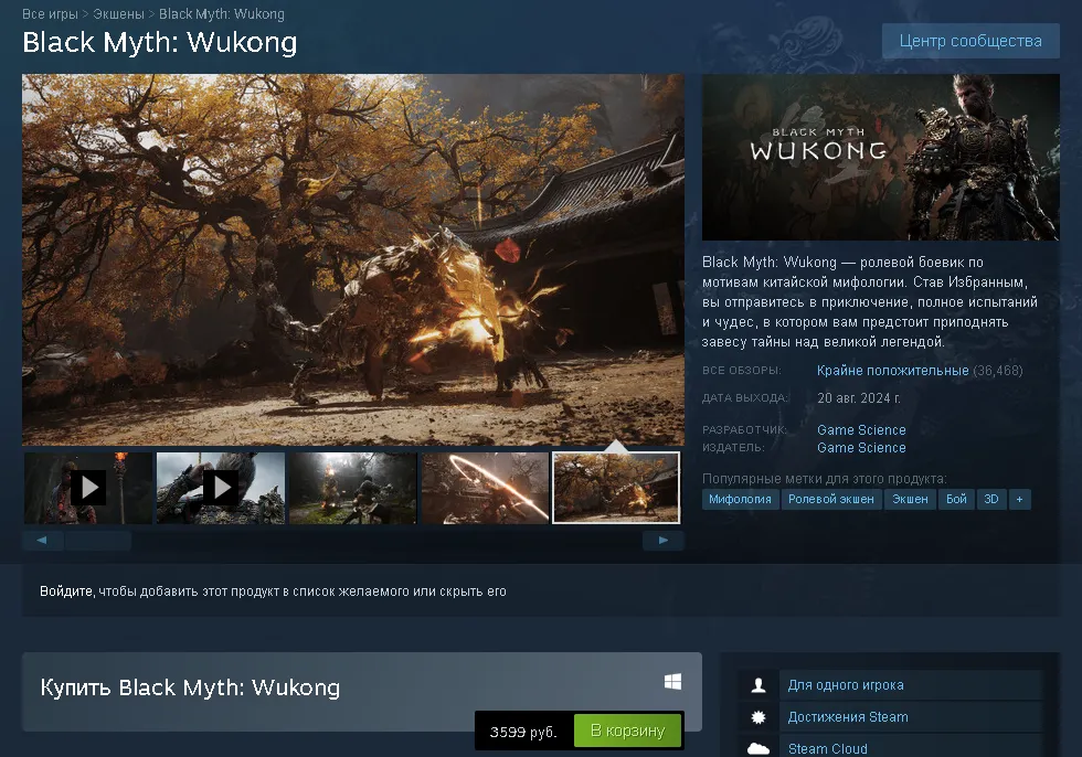 Вы можете купить Black Myth: Wukong в Steam за 3599 рублей