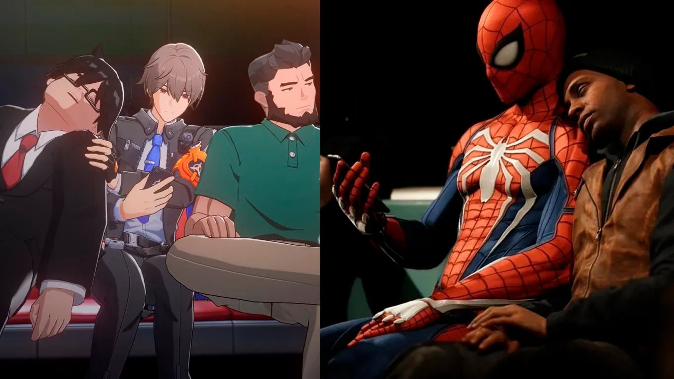 Кадры из трейлеров Ananta и Marvel's Spider-Man, где главные герои едут в метро со случайно уснувшими на их плечах людьми