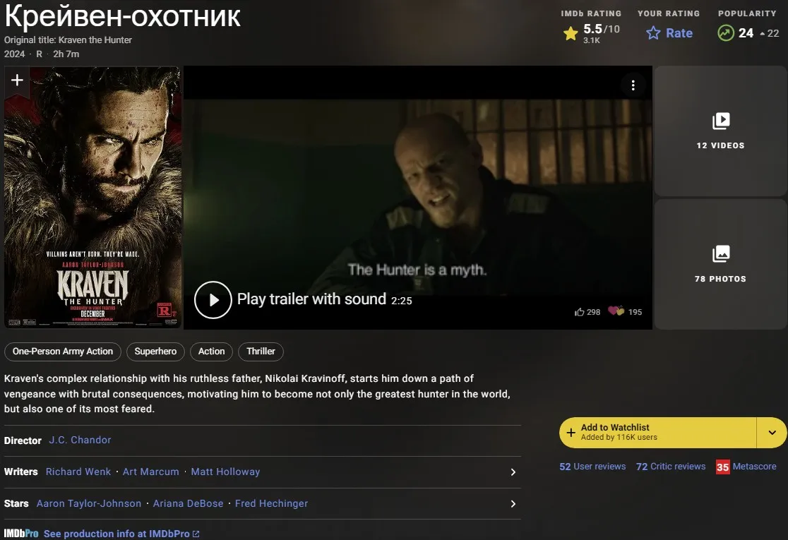 «Крейвен-охотник» на IMDb