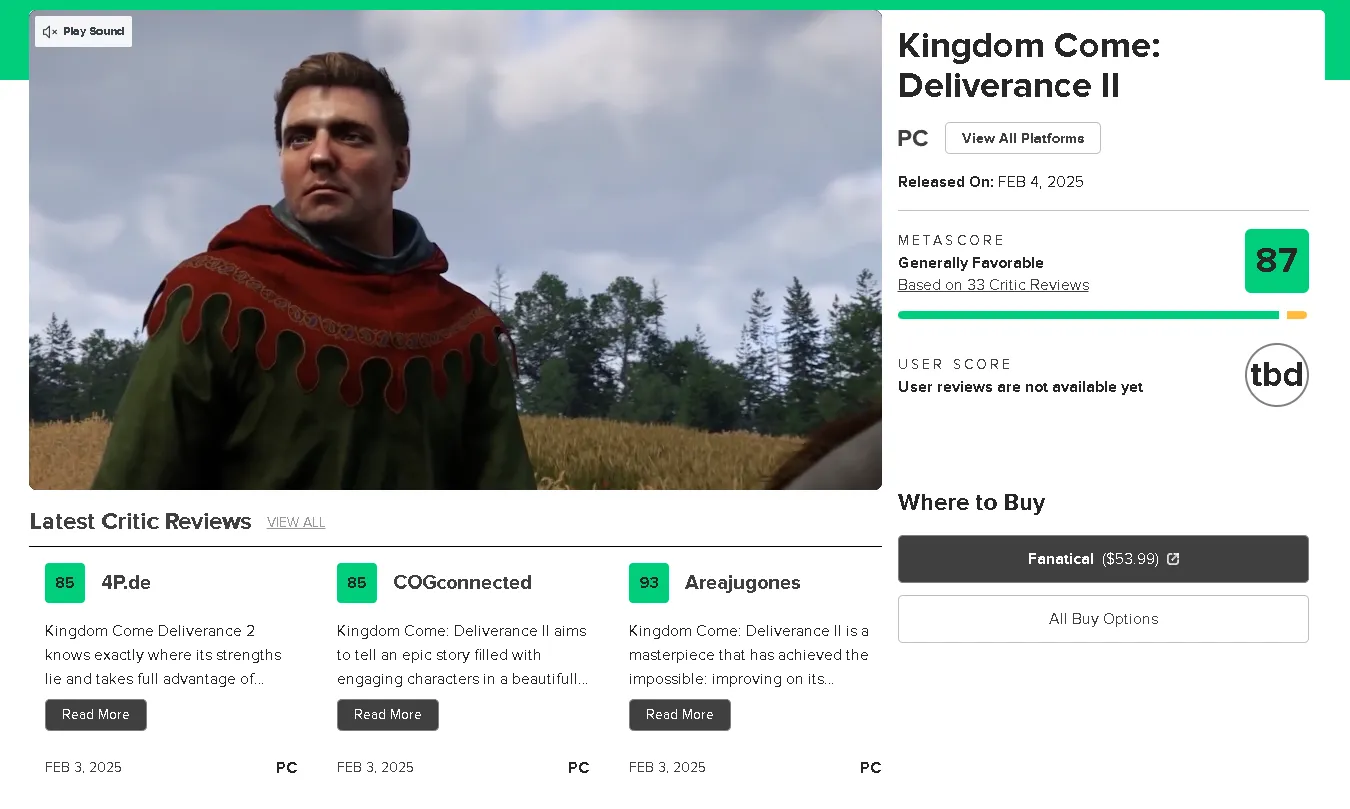 Отзывы и оценки ПК-версии Kingdom Come: Deliverance II на Metacritic