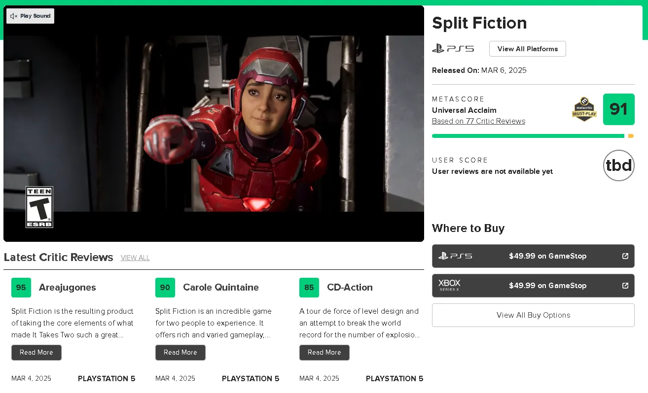 Отзывы и оценки Split Fiction на Metacritic