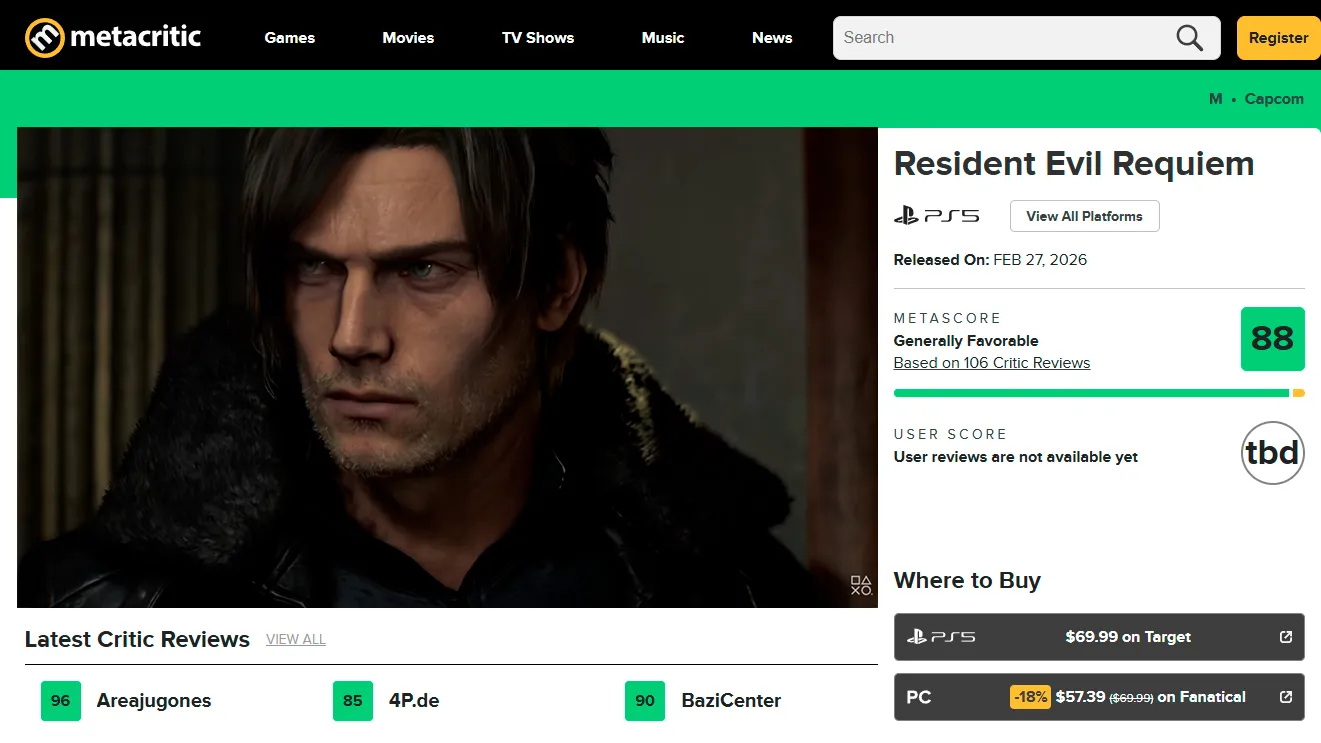 На момент публикации материала балл Resident Evil Requiem на Metacritic колеблется в районе 88-89 баллов из 100