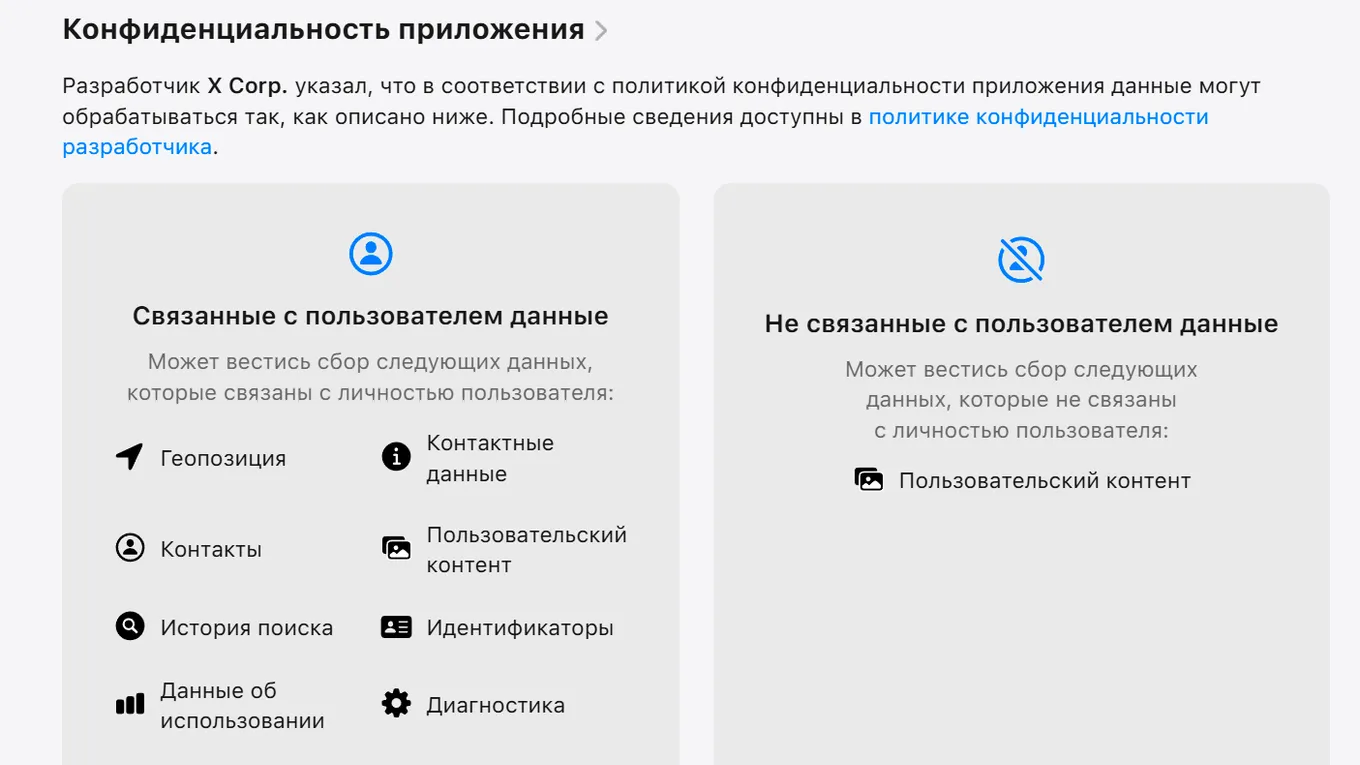 В разделе «Конфиденциальность приложения» одновременно упомянут сбор геолокации, контактов, истории поиска, пользовательского контента и идентификаторов личности.