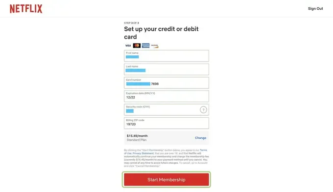 Третий этап создания аккаунта Netflix