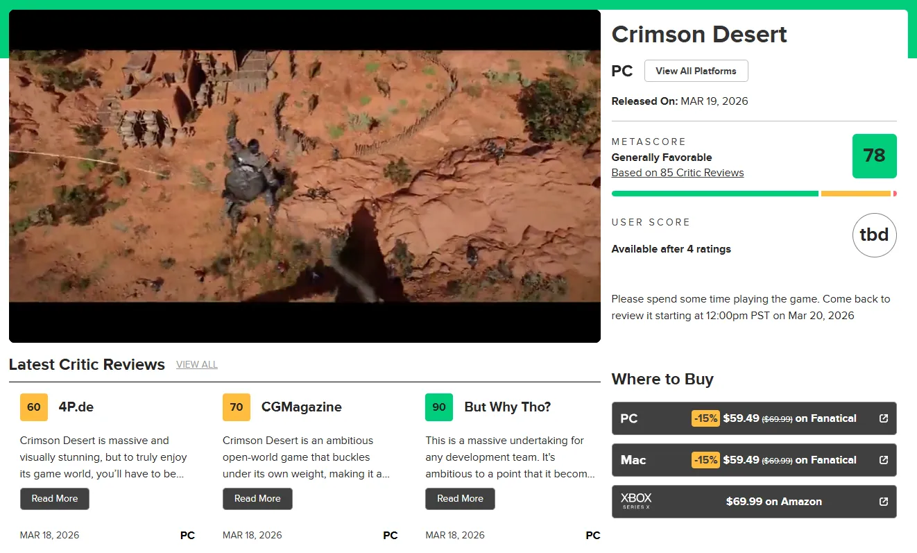 Crimson Desert получила оценку 78/100 от игровых журналистов после снятия эмбарго на отзывы