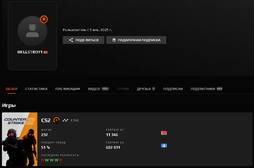 Профиль Mellstroy на платформе FACEIT, стример недавно поднял 8 уровень