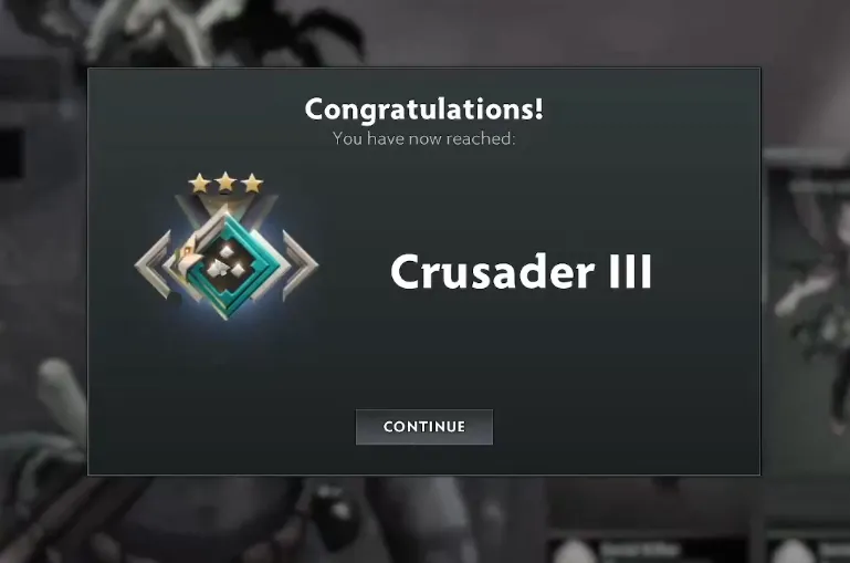 Медаль (ранг) Crusader 3 (Рыцарь 3) полученная Папичем после завершения калибровки в Dota 2