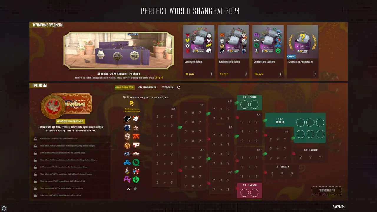 Пропуск зрителя с Pick'em на Perfect World Shanghai Major 2024