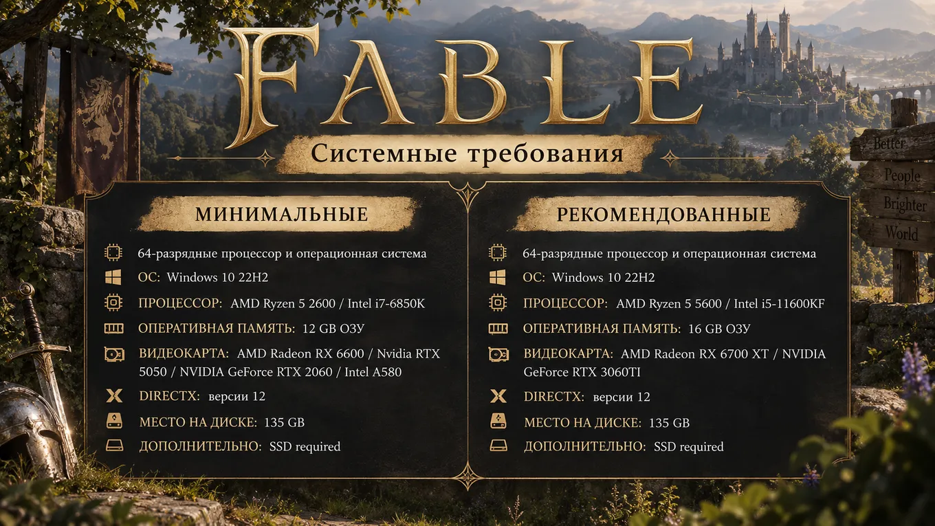 Для запуска Fable в 1080p понадобится RTX 2060 и 12 ГБ оперативной памяти
