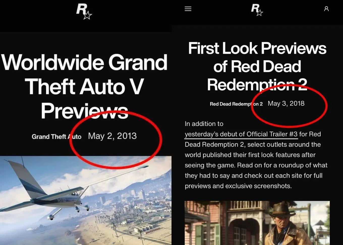 Первые официальные превью Grand Theft Auto 5 вышли 2 мая 2013 года, а Red Dead Redemption 2 − 3 мая 2018 года