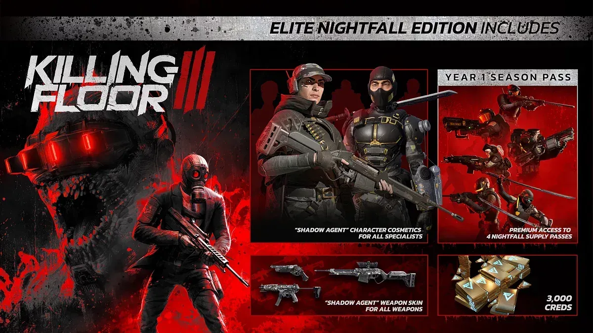 Killing Floor 3 Elite Nightfall Edition будет стоить 3200 рублей. А в подарок вы получите набор скинов специалиста «Теневой агент», набор скинов оружия «Теневой агент», премиум-доступ к пропуску на поставку Nightfall на один год и 3000 кредитов