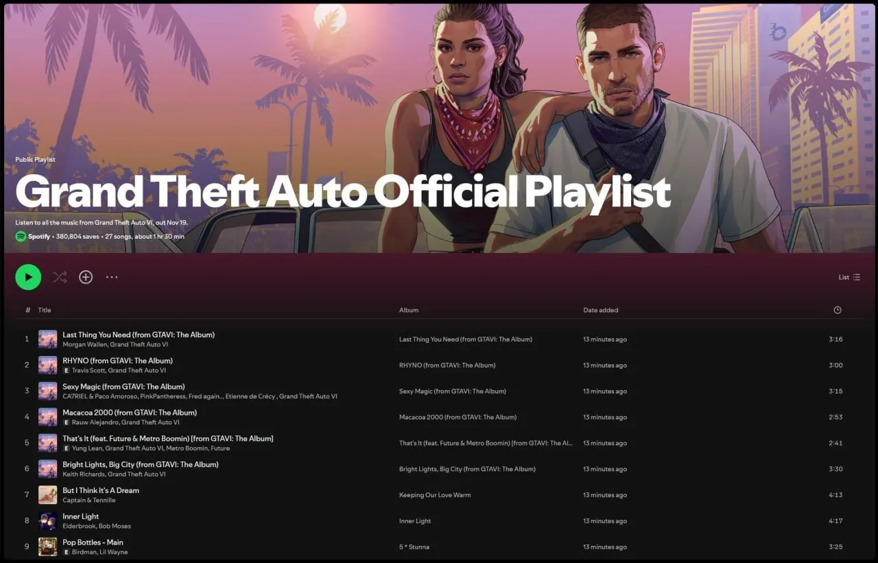 Плейлист с треками GTA 6: The Album на Spotify
