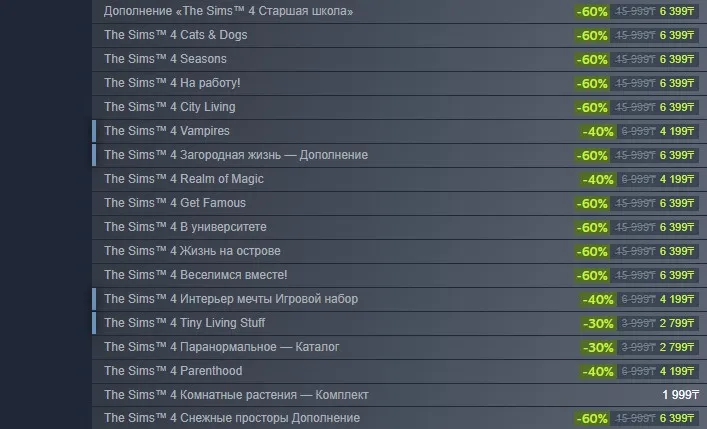 Часть дополнений для The Sims 4 в Steam