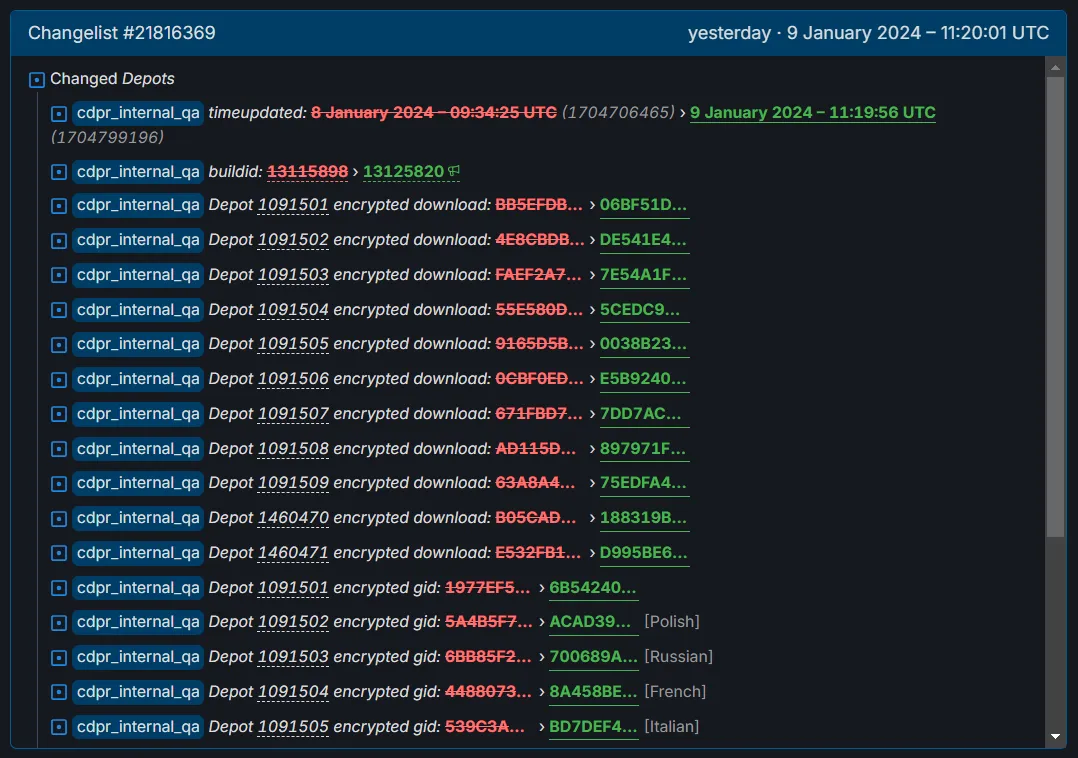 Последнее обновление файлов Cyberpunk 2077 на SteamDB
