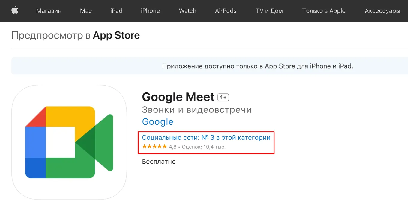 Уже через несколько дней после ограничения звонков в WhatsApp* и Telegram Google Meet поднялся в топ-5 самых популярных приложений в России