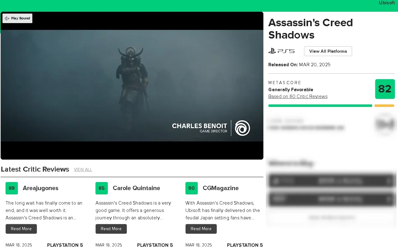 Первые отзывы об Assassin`s Creed Shadows на Metacritic