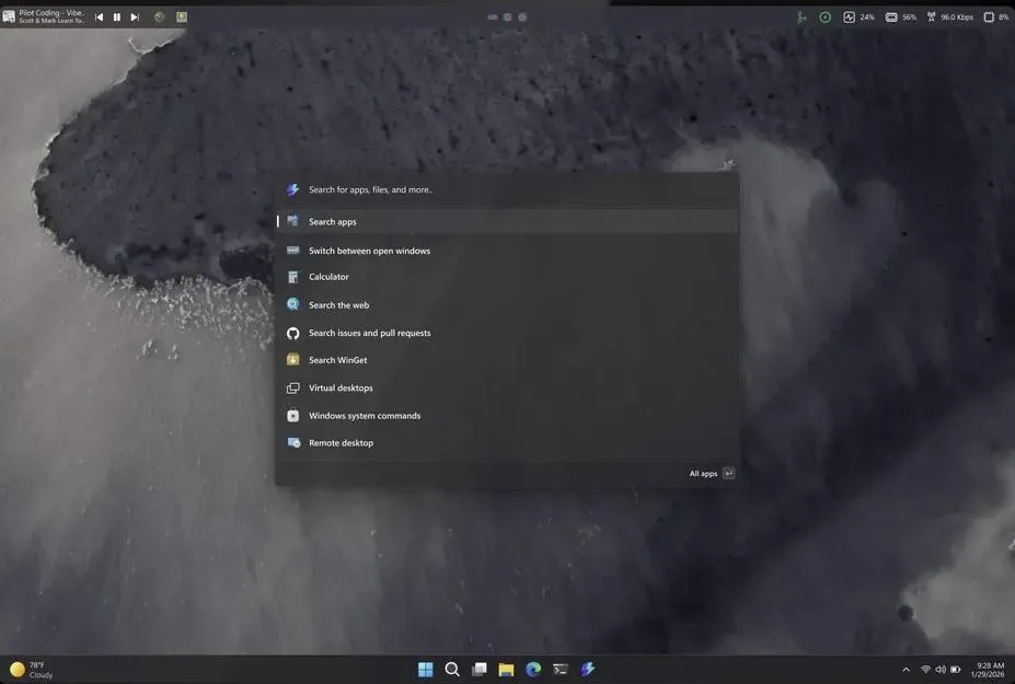 Верхняя панель меню в Windows 11
