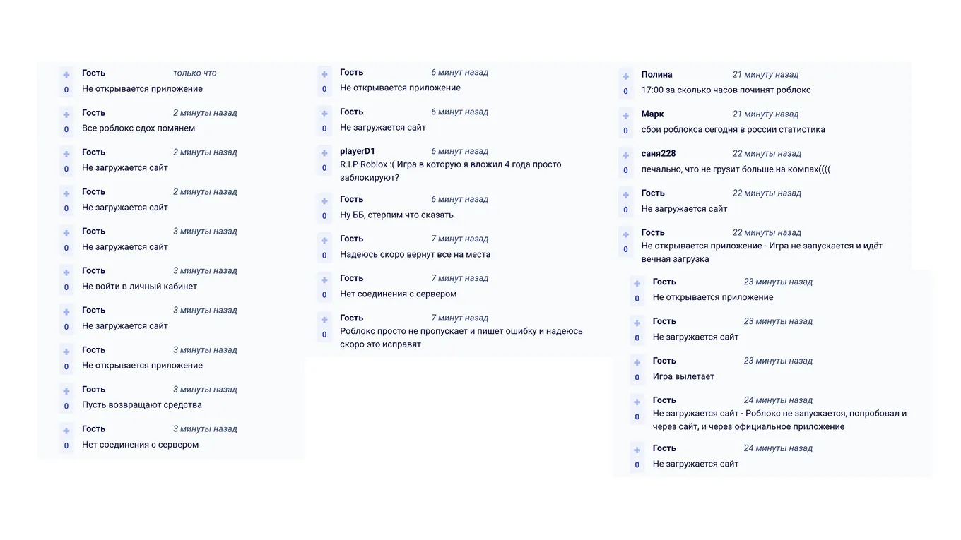Комментарии пользователей с сайта Downdetector