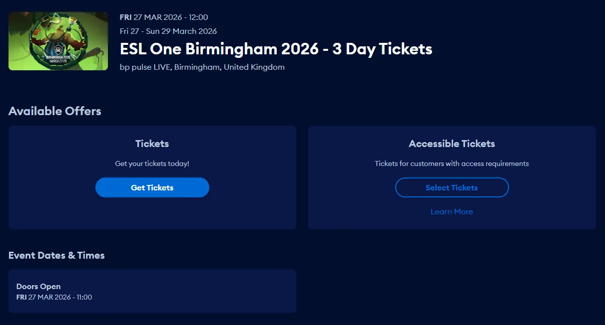 Страница с покупкой билетов на ESL One Birmingham 2026 по Dota 2