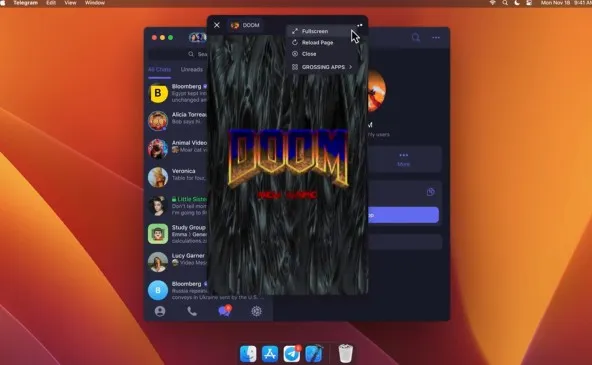 Полноэкранный режим в Telegram (игра DOOM)